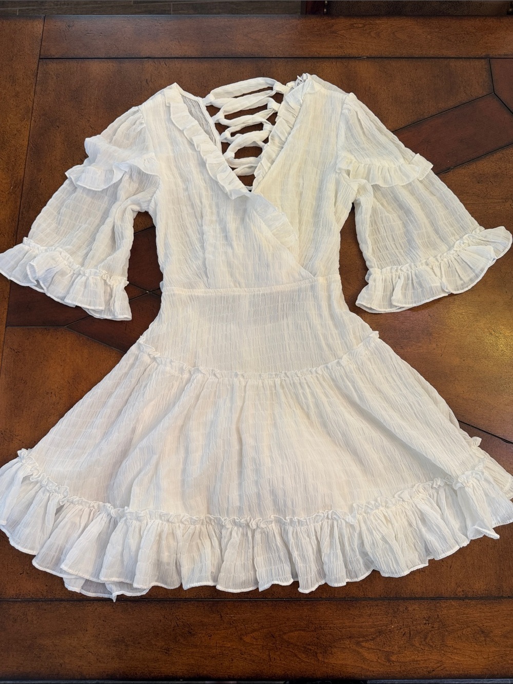 MACARON White Ruffle Tiered Midi Dress with Lace-Up Back Detail
